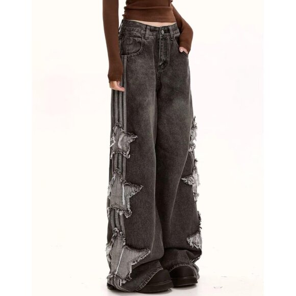 Stylish Y2K Patchwork Denim Pants for Women - Comfortable High-Waisted Baggy Fit - Picture 3 of 5